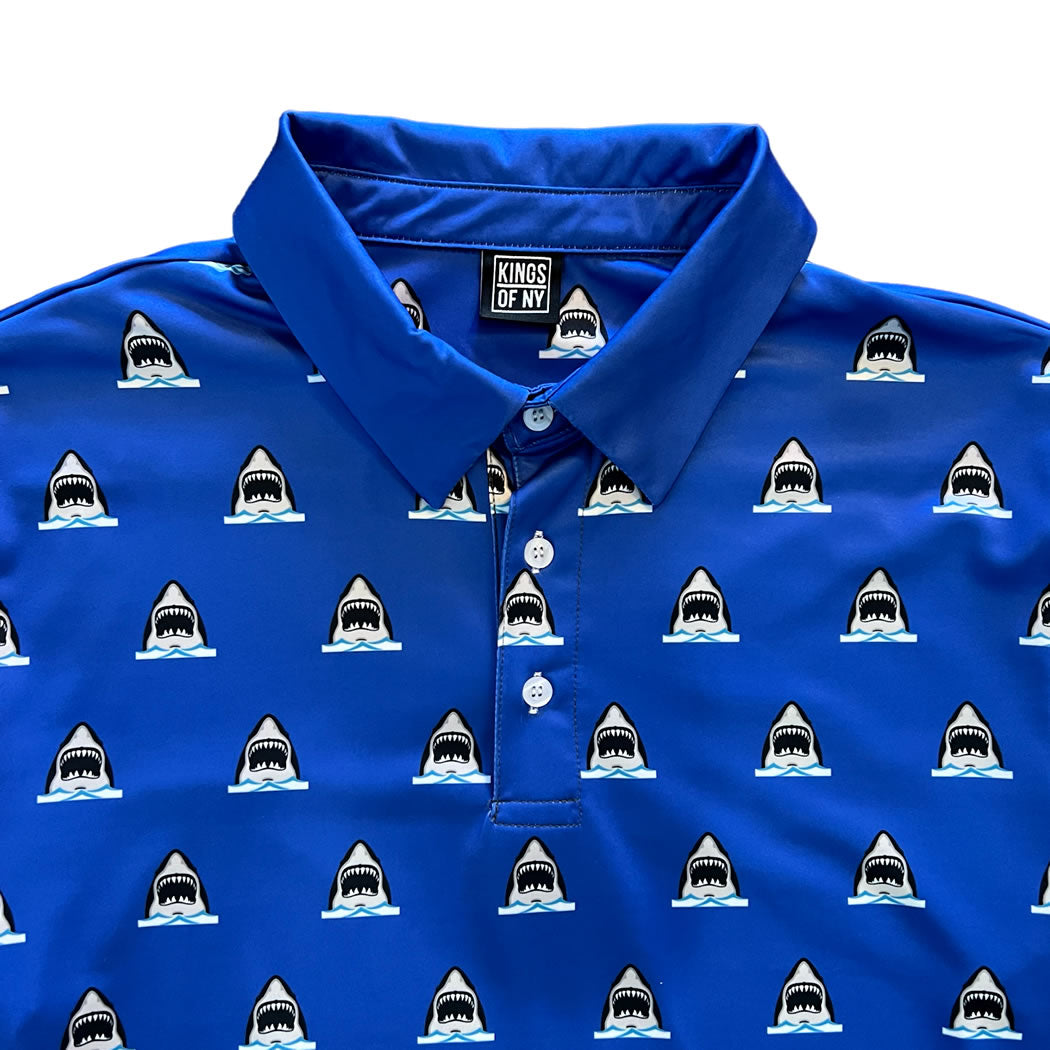 Royal Blue Shark Attack Mens Golf Polo Shirt Designer Brand