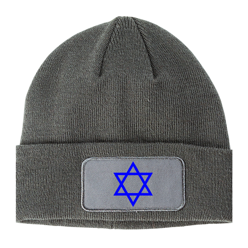 Royal Blue Star Of David Jewish Winter Knit Adult Beanie Hat Grey