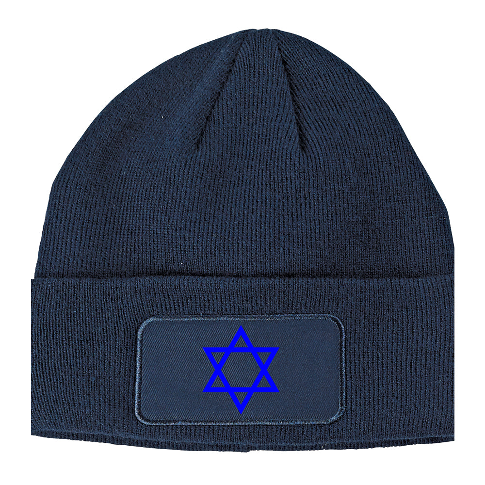 Royal Blue Star Of David Jewish Winter Knit Adult Beanie Hat Navy Blue