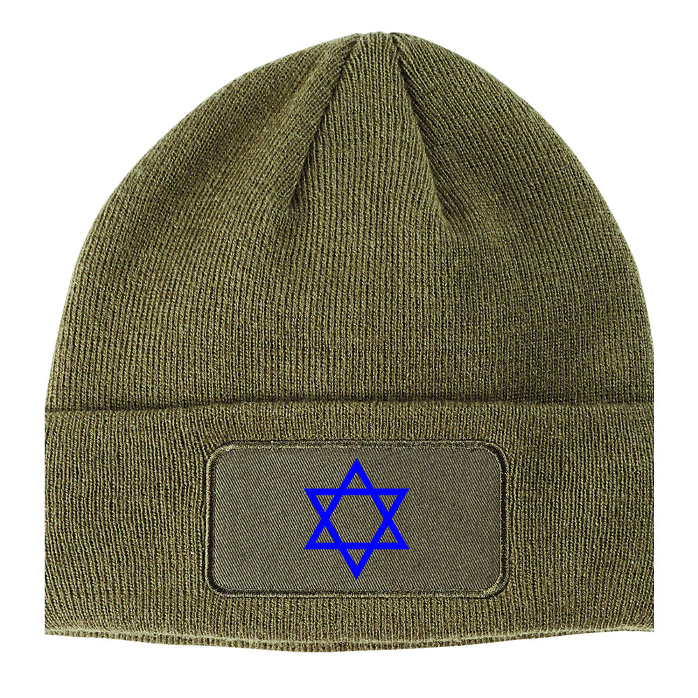 Royal Blue Star Of David Jewish Winter Knit Adult Beanie Hat Olive Green