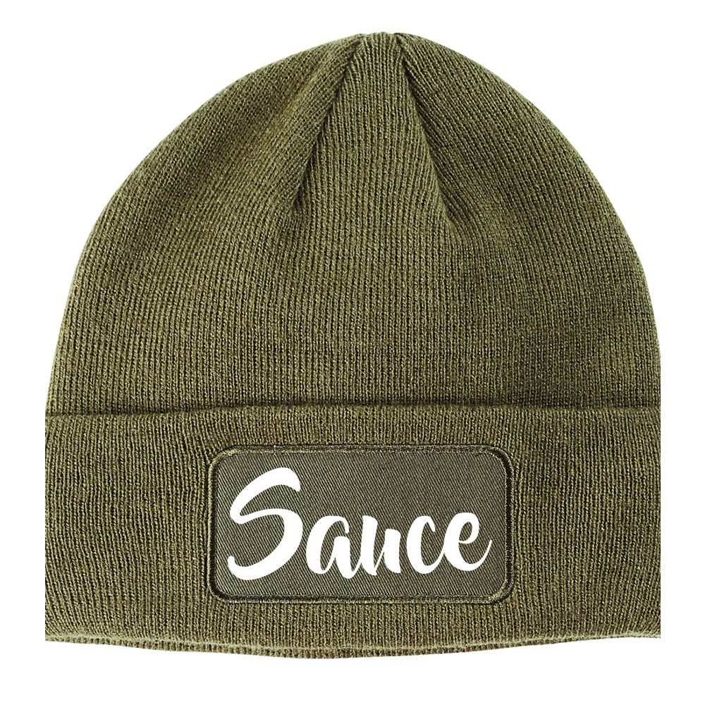 Sauce Script Winter Knit Adult Beanie Hat Olive Green
