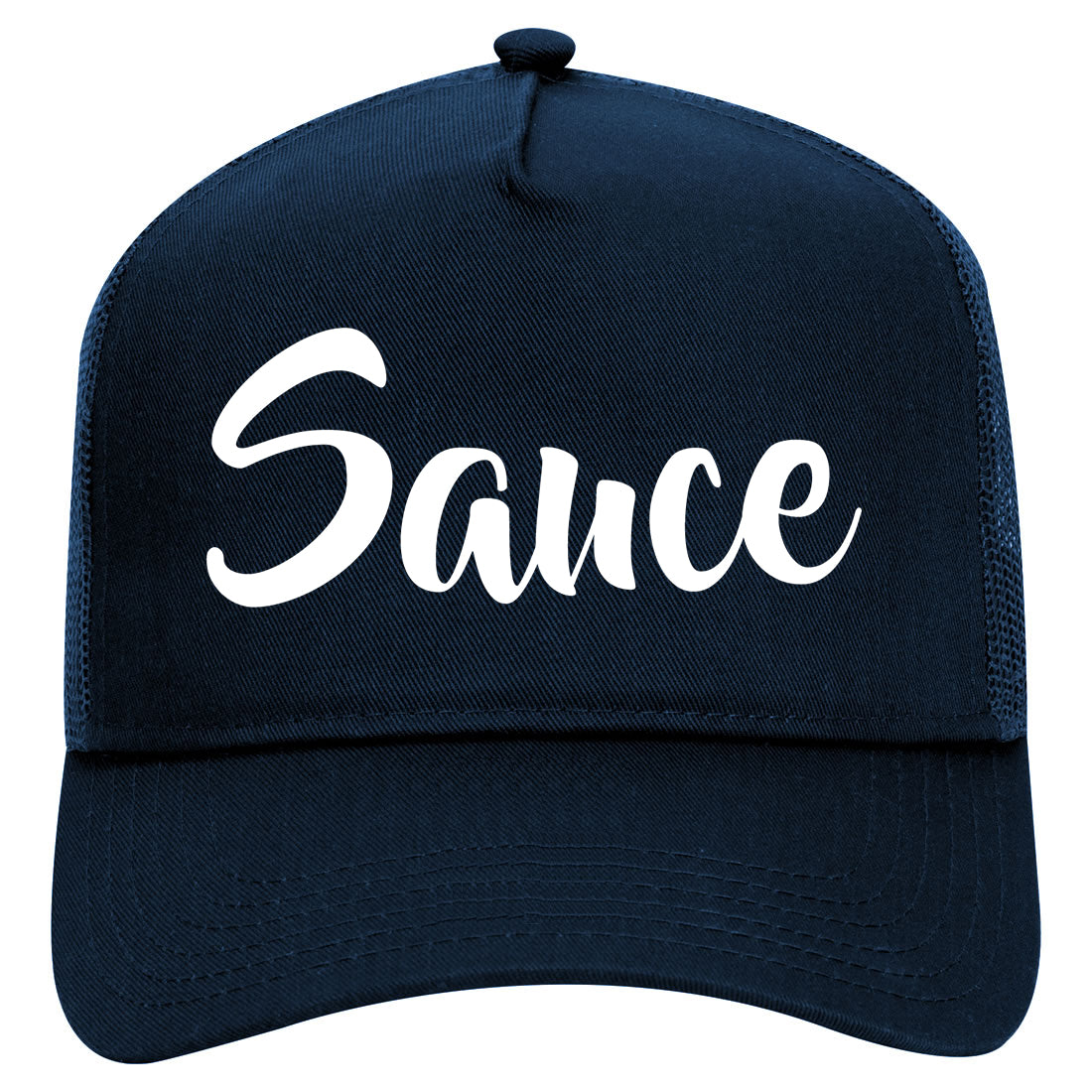 Sauce Script Mens Mesh Trucker Hat Navy Blue