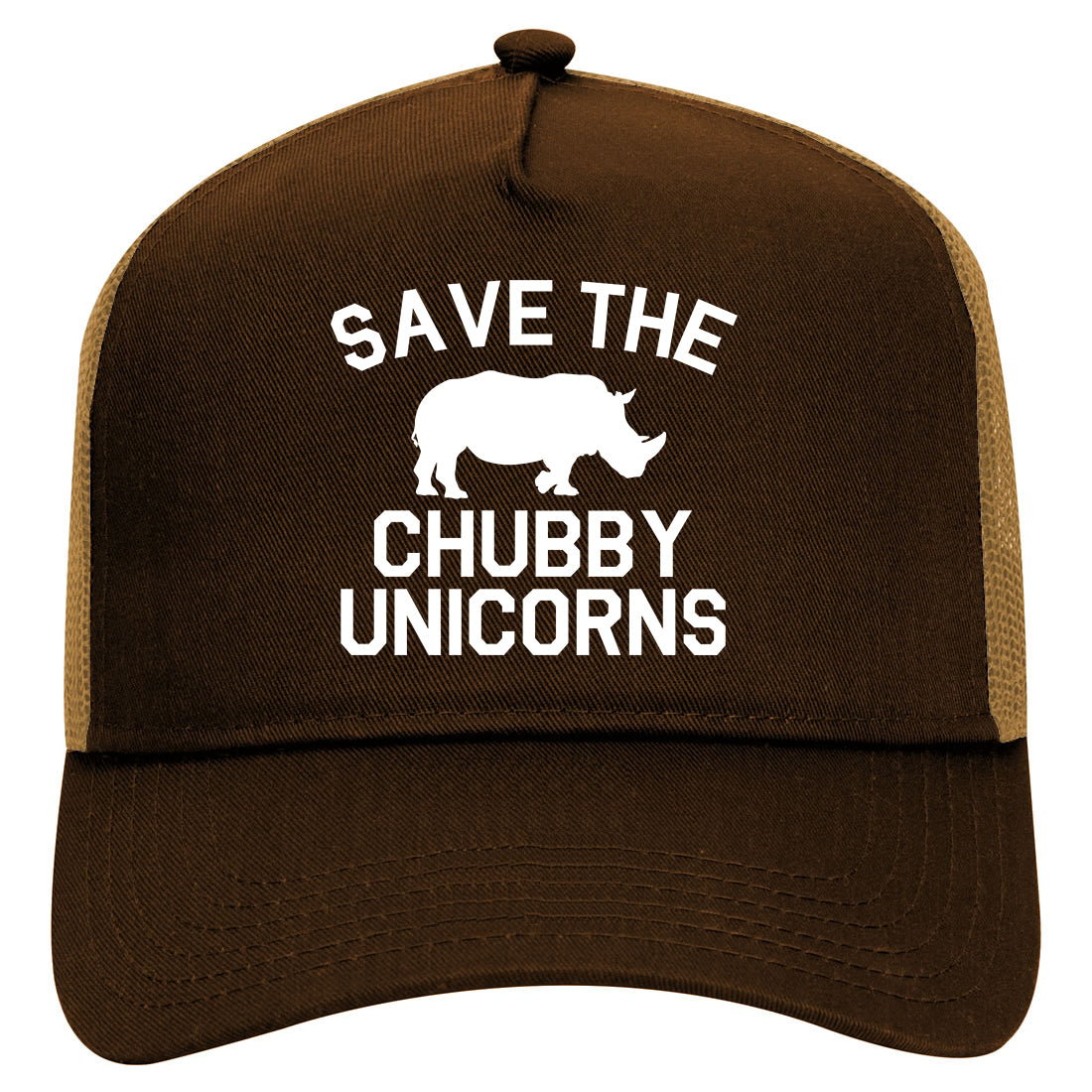 Save The Chubby Unicorns Funny Mens Mesh Trucker Hat Brown