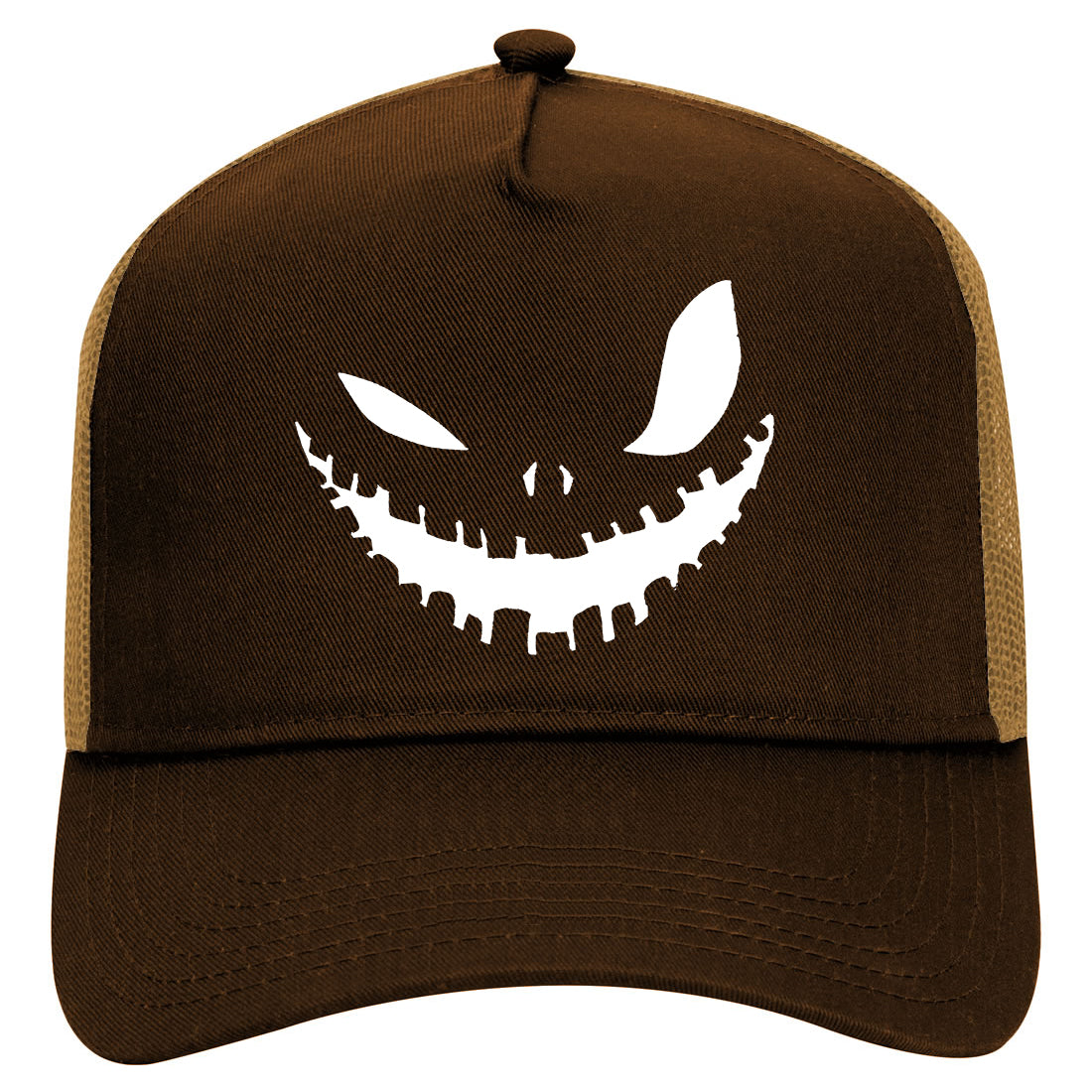 Scary Jack o lantern Face Halloween Mens Mesh Trucker Hat Brown
