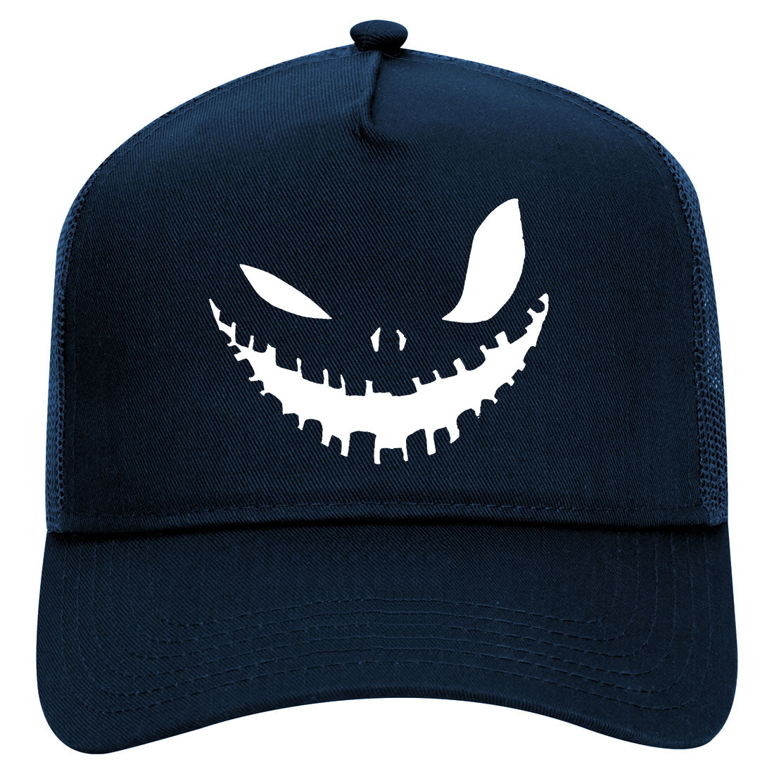 Scary Jack o lantern Face Halloween Mens Mesh Trucker Hat Navy Blue