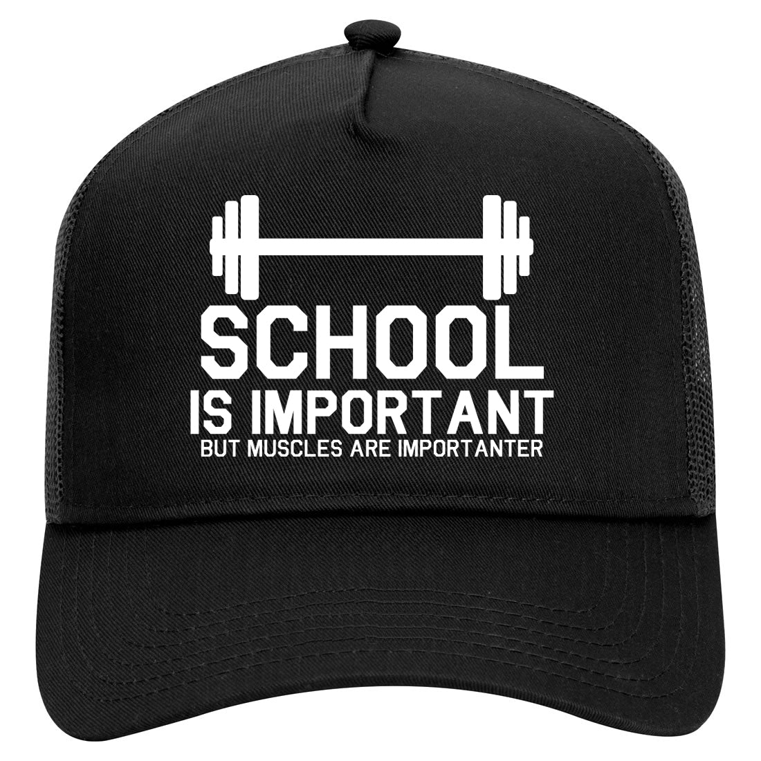 School Is Important But Muscles Are Importanter Funny Body Building Mens Mesh Trucker Hat Black