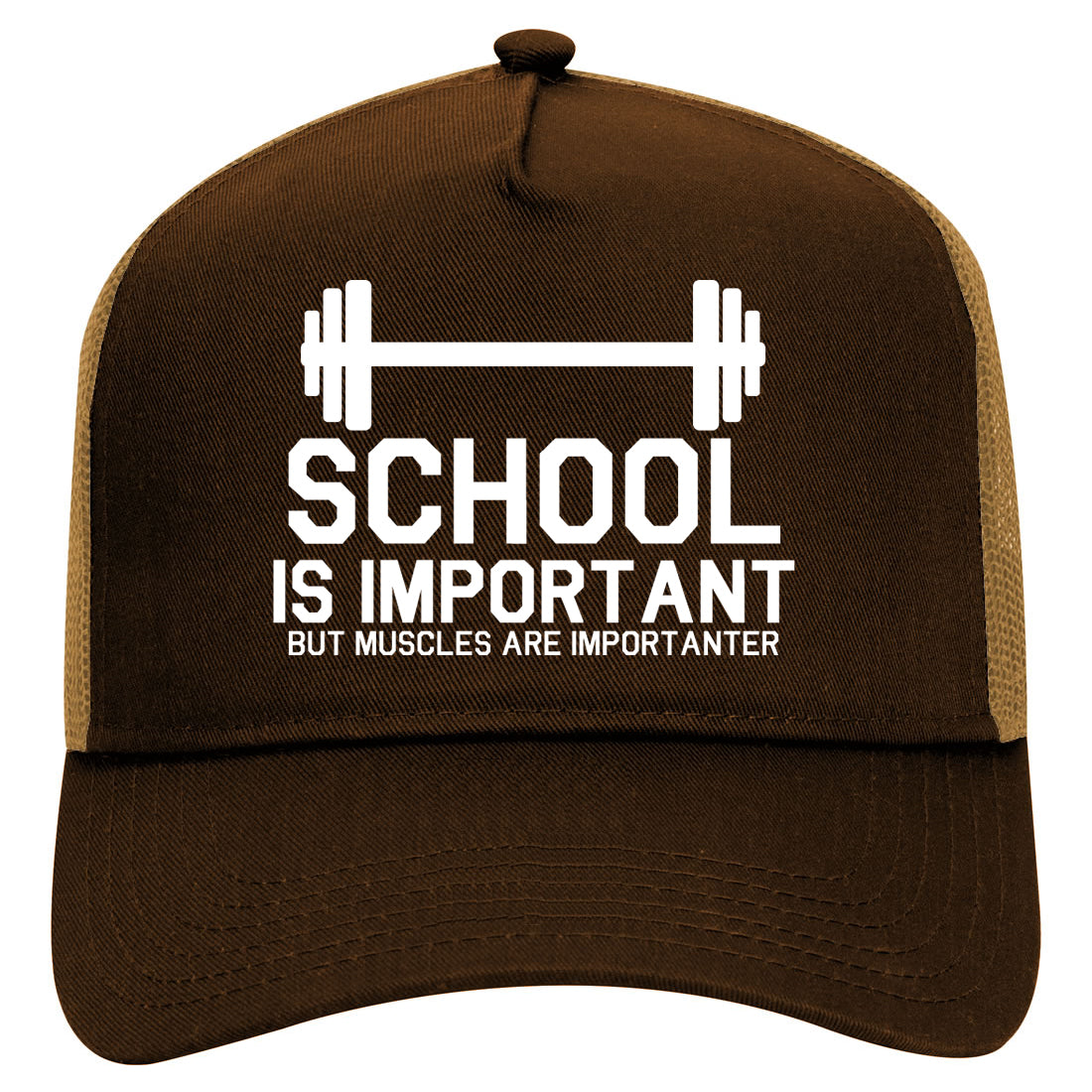 School Is Important But Muscles Are Importanter Funny Body Building Mens Mesh Trucker Hat Brown