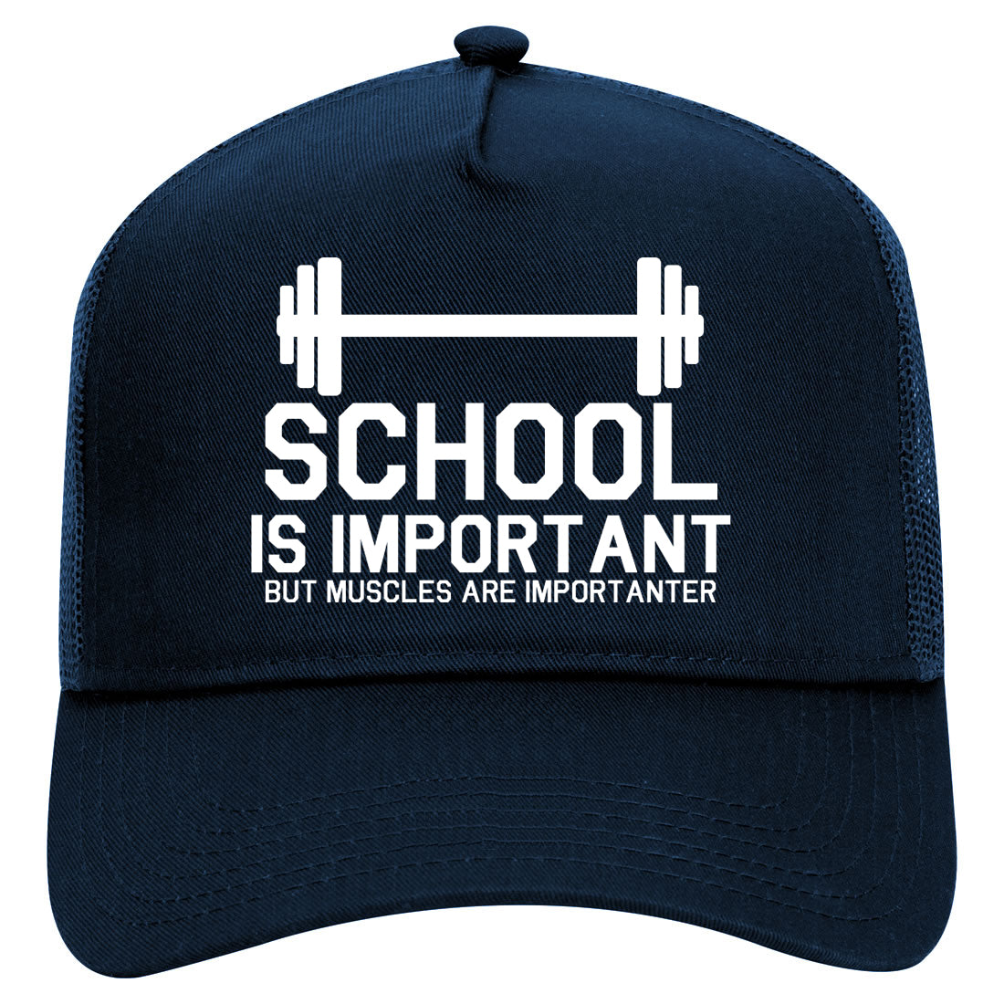 School Is Important But Muscles Are Importanter Funny Body Building Mens Mesh Trucker Hat Navy Blue