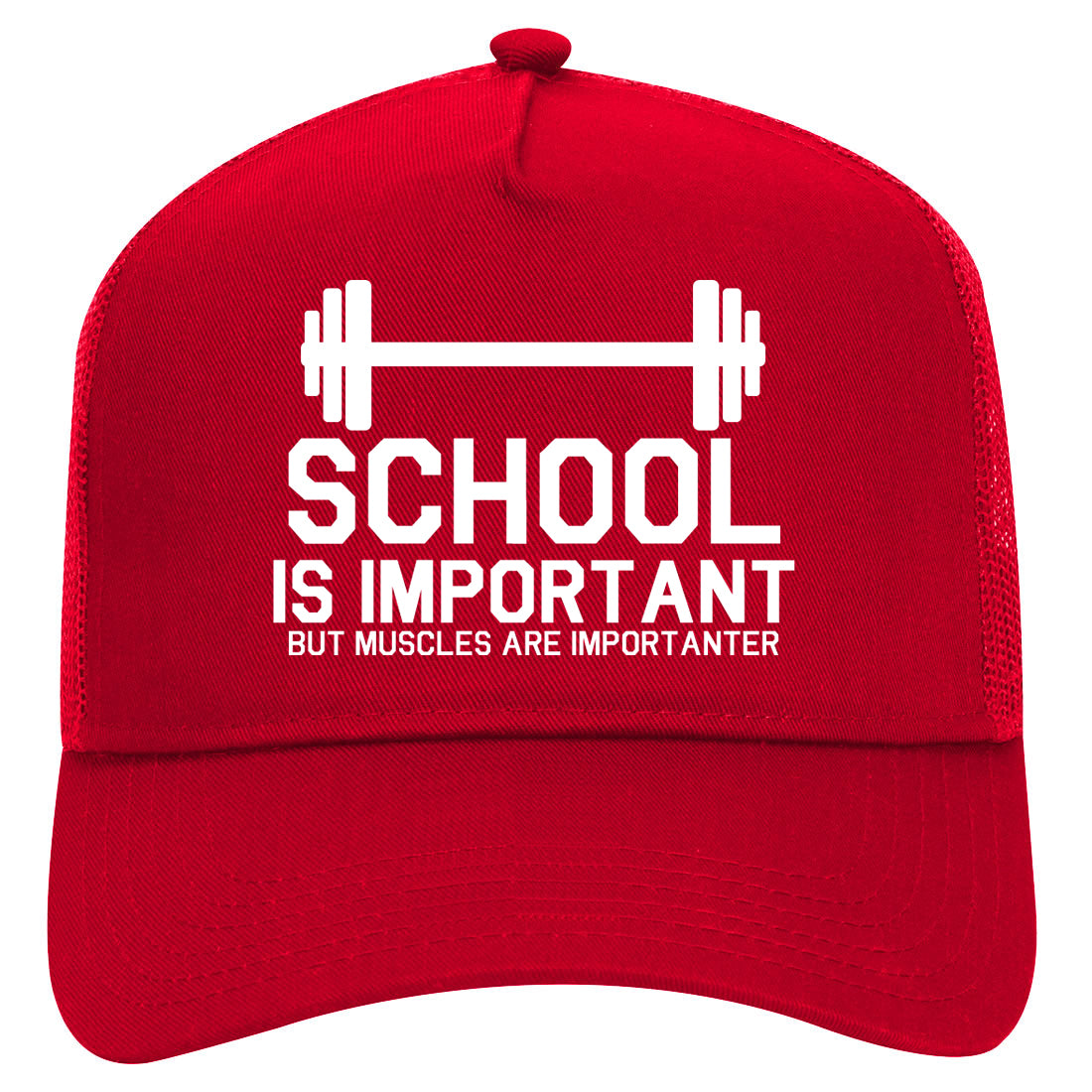 School Is Important But Muscles Are Importanter Funny Body Building Mens Mesh Trucker Hat Red