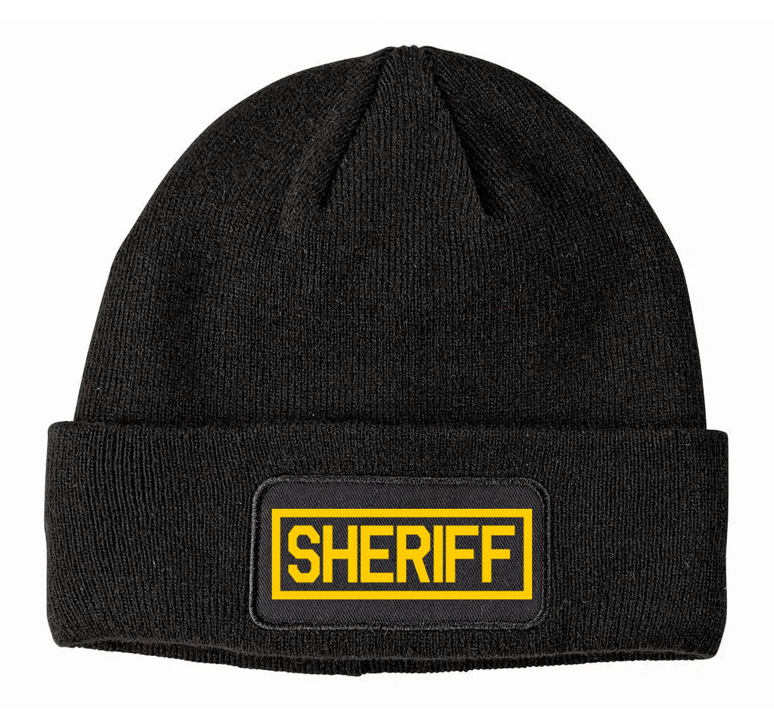 Black beanie with a yellow 'SHERIFF' patch on a white background