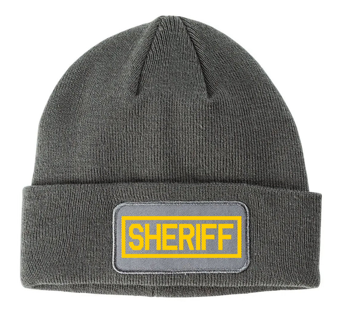 Gray beanie with a yellow 'SHERIFF' patch on a white background