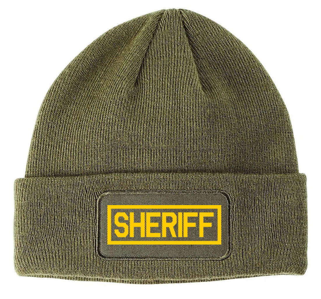 Green beanie with 'SHERIFF' patch on a white background