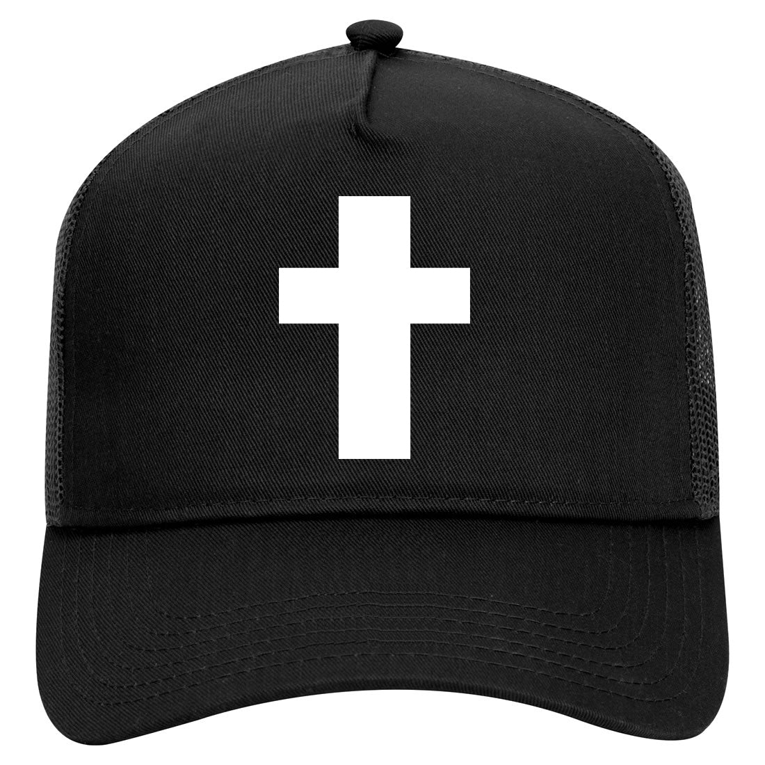 Small Cross Religious Mens Mesh Trucker Hat Black