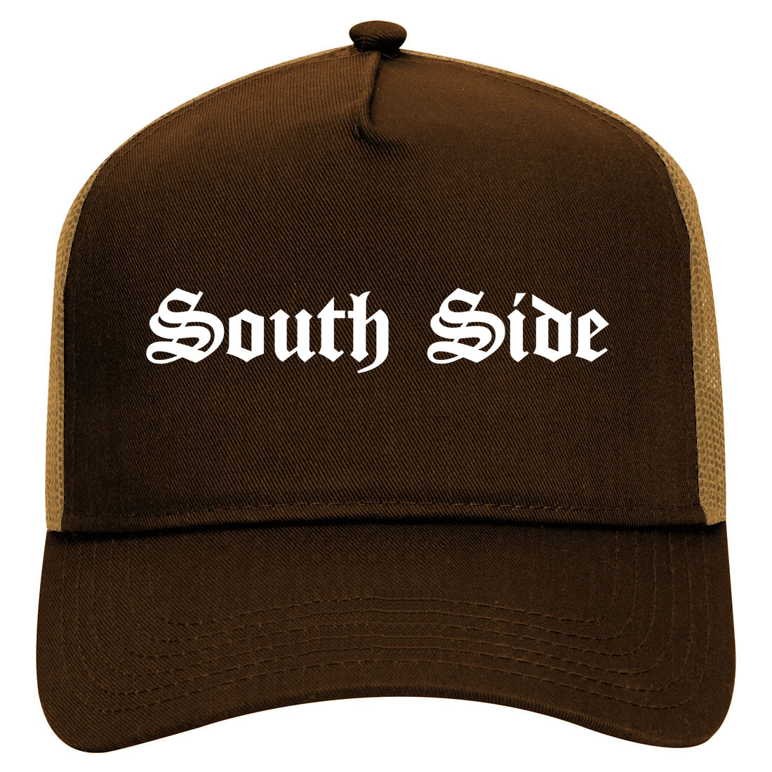 South Side Old English Mens Mesh Trucker Hat Brown