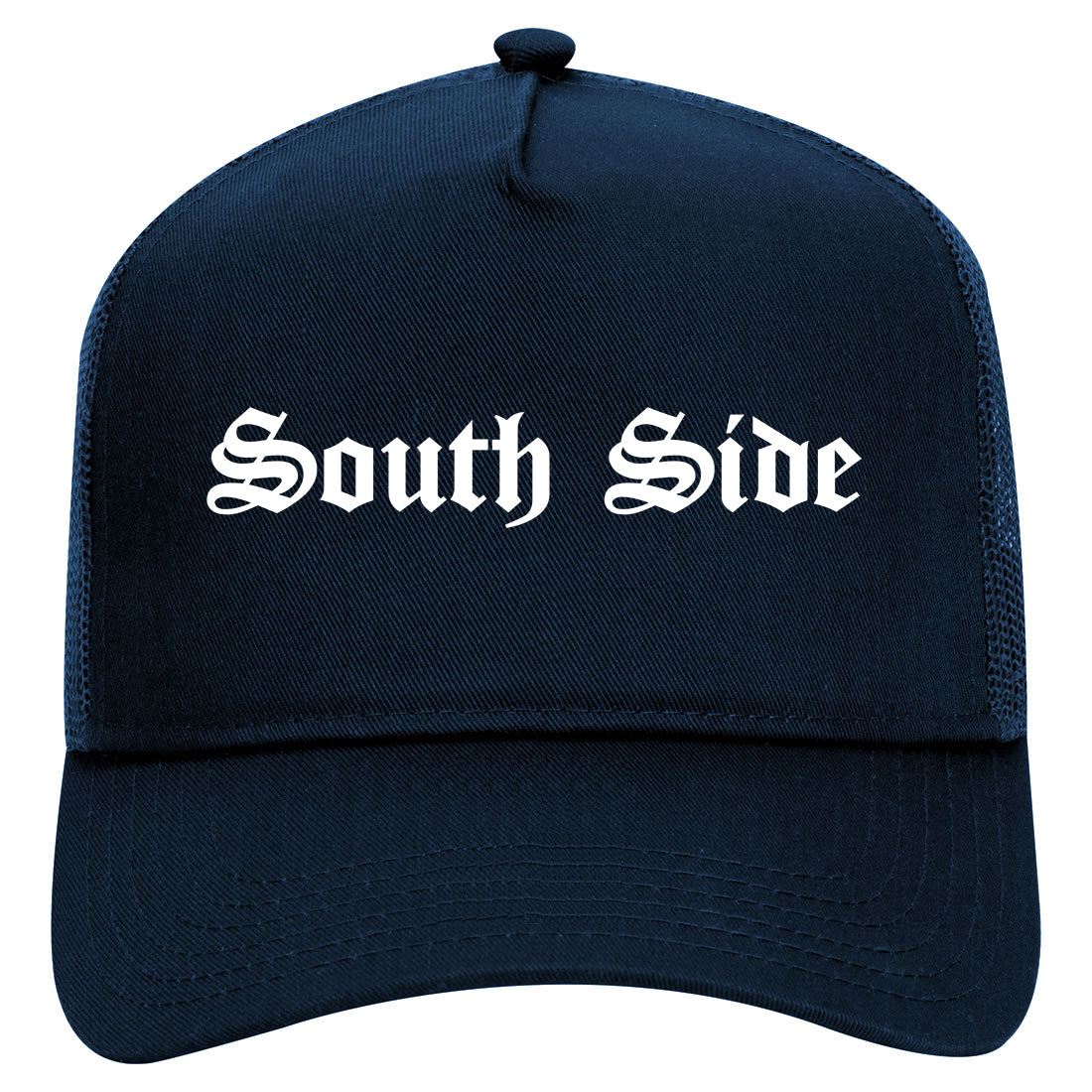 South Side Old English Mens Mesh Trucker Hat Navy Blue