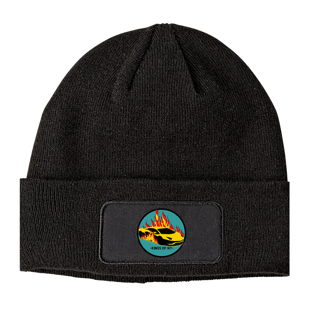 Sports Car In Flames Winter Knit Adult Beanie Hat Black