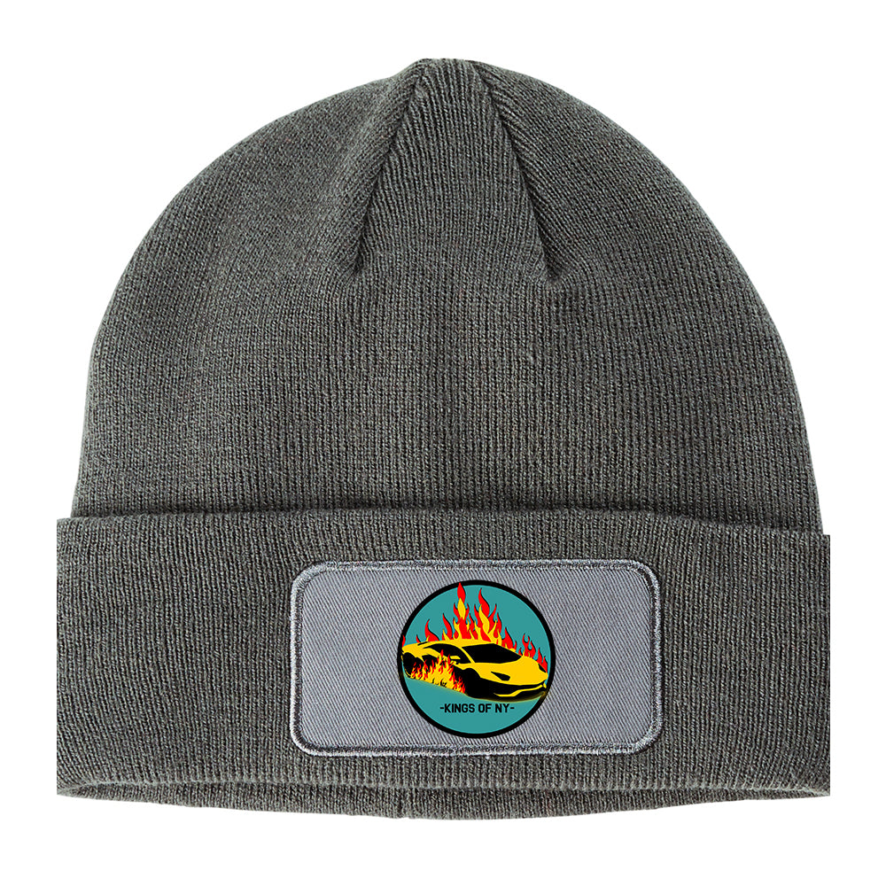 Sports Car In Flames Winter Knit Adult Beanie Hat Grey