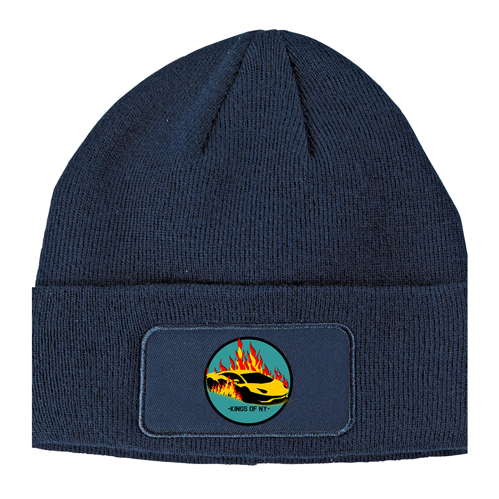 Sports Car In Flames Winter Knit Adult Beanie Hat Navy Blue