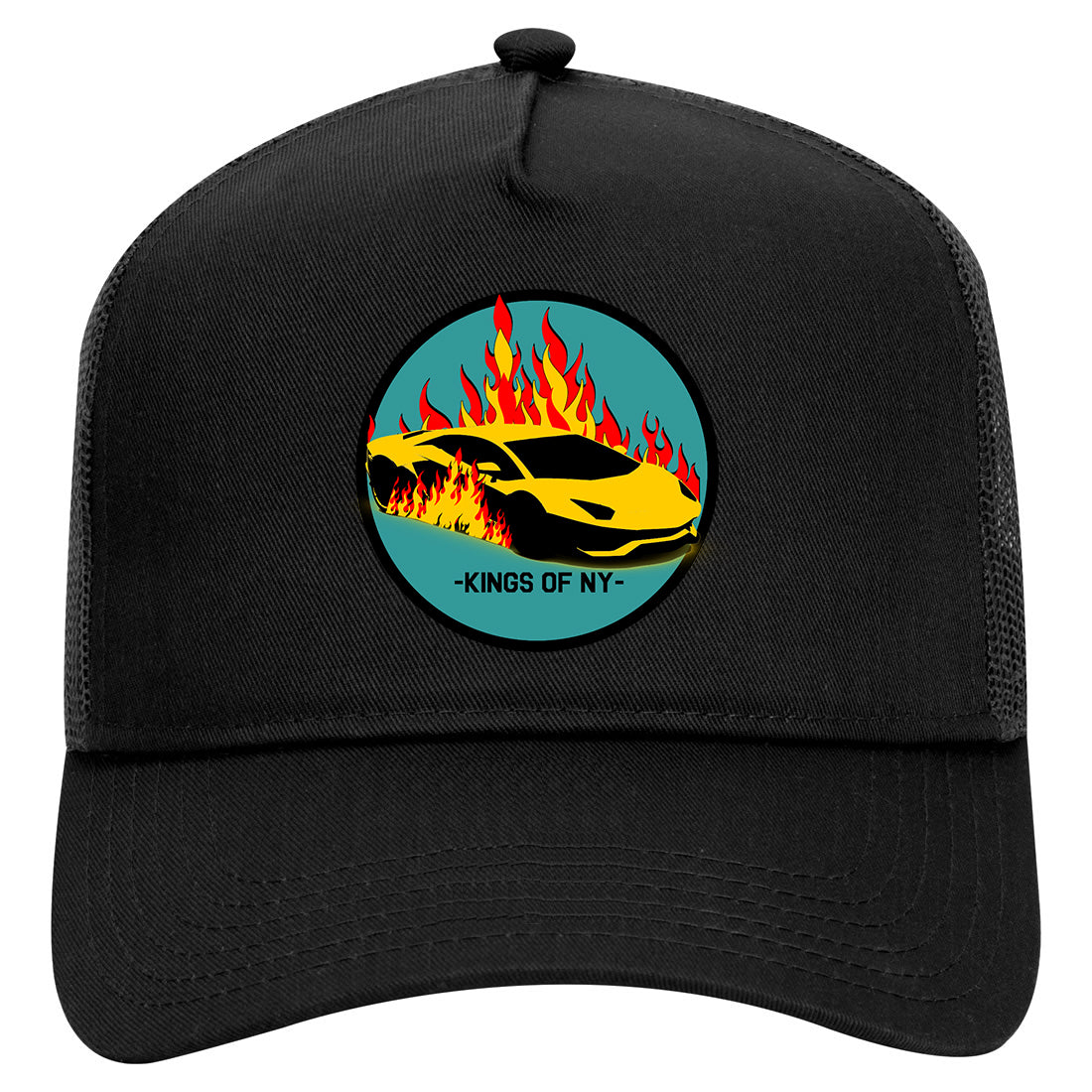 Sports Car In Flames Mens Mesh Trucker Hat Black