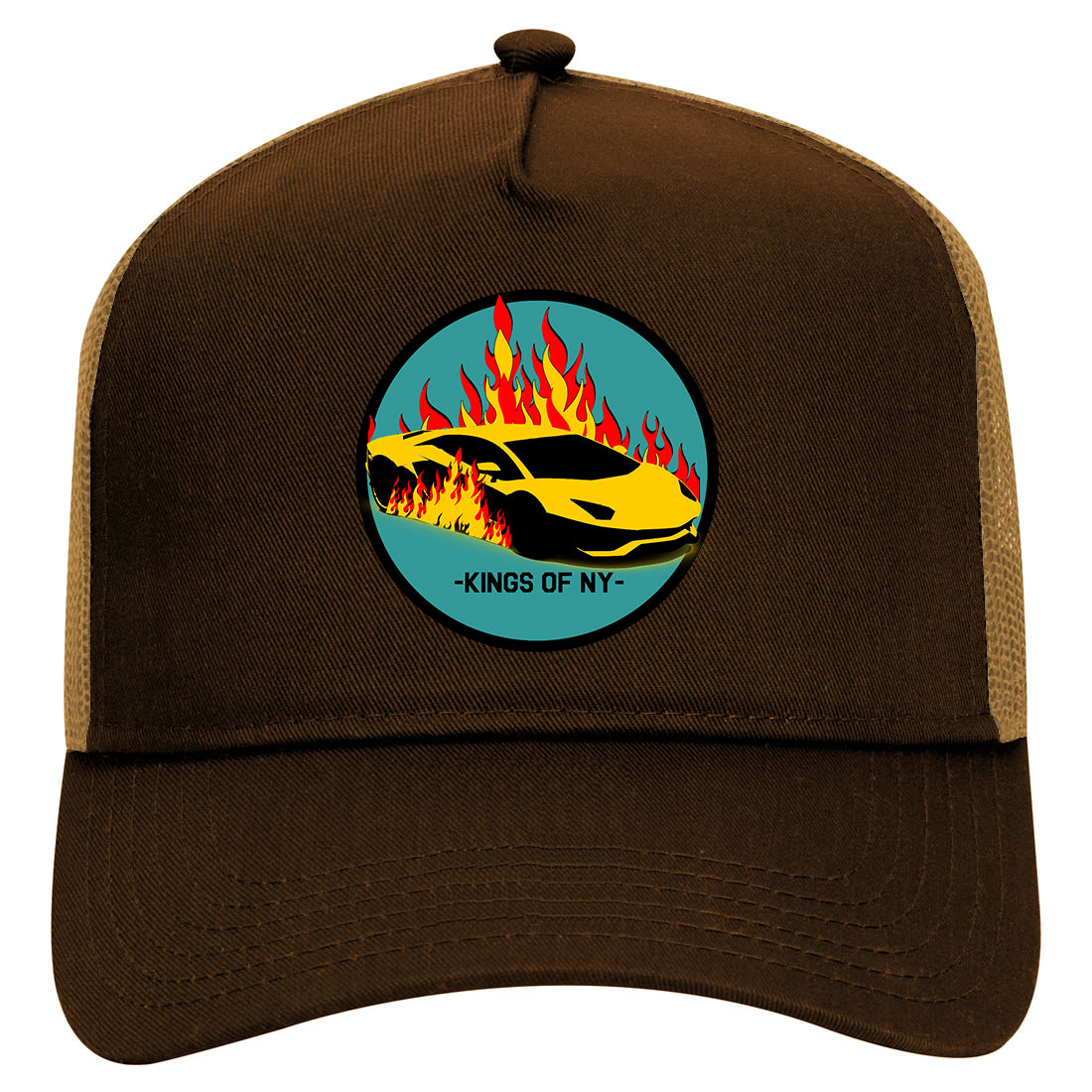 Sports Car In Flames Mens Mesh Trucker Hat Brown