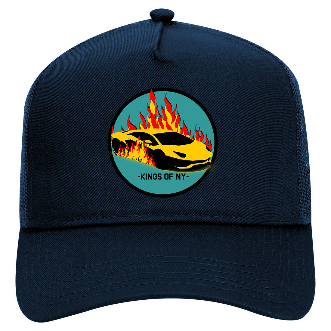 Sports Car In Flames Mens Mesh Trucker Hat Navy Blue