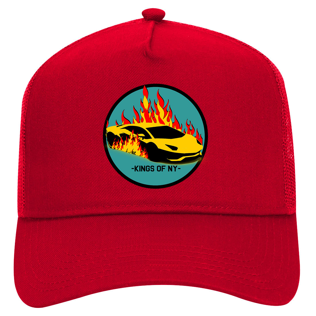 Sports Car In Flames Mens Mesh Trucker Hat Red
