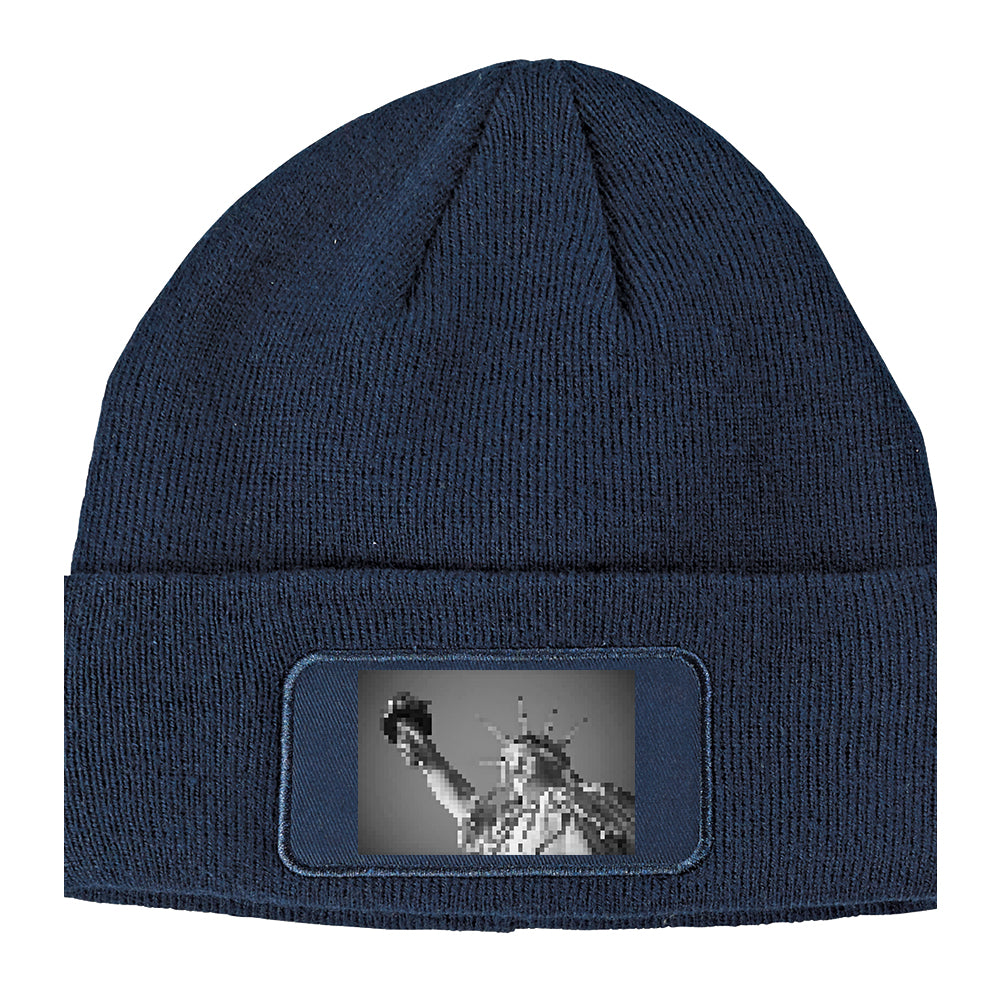 Statue Of Liberty Pixelated Winter Knit Adult Beanie Hat Navy Blue