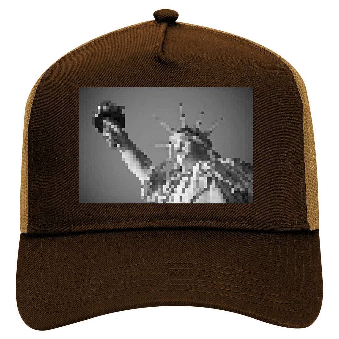 Statue Of Liberty Pixelated Mens Mesh Trucker Hat Brown