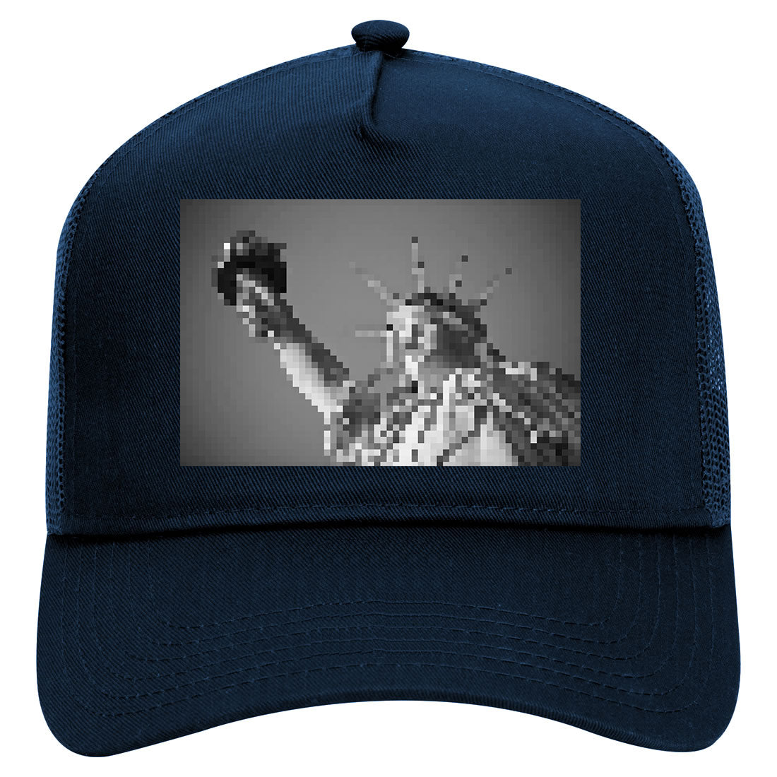 Statue Of Liberty Pixelated Mens Mesh Trucker Hat Navy Blue