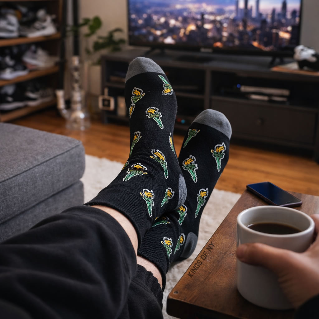 Person Wearing Statue Of Liberty Torch Socks At Home