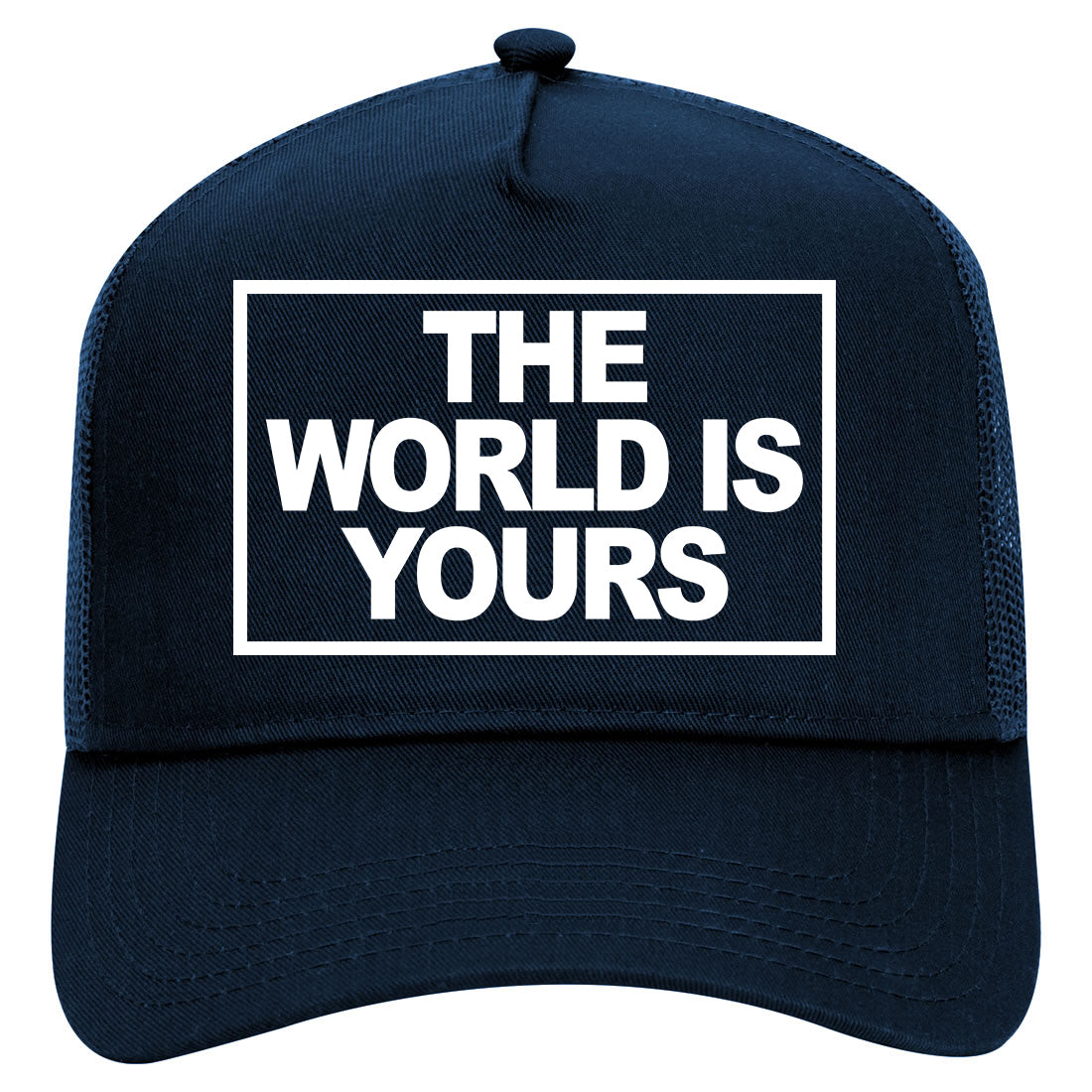 The World Is Yours Mens Mesh Trucker Hat Navy Blue