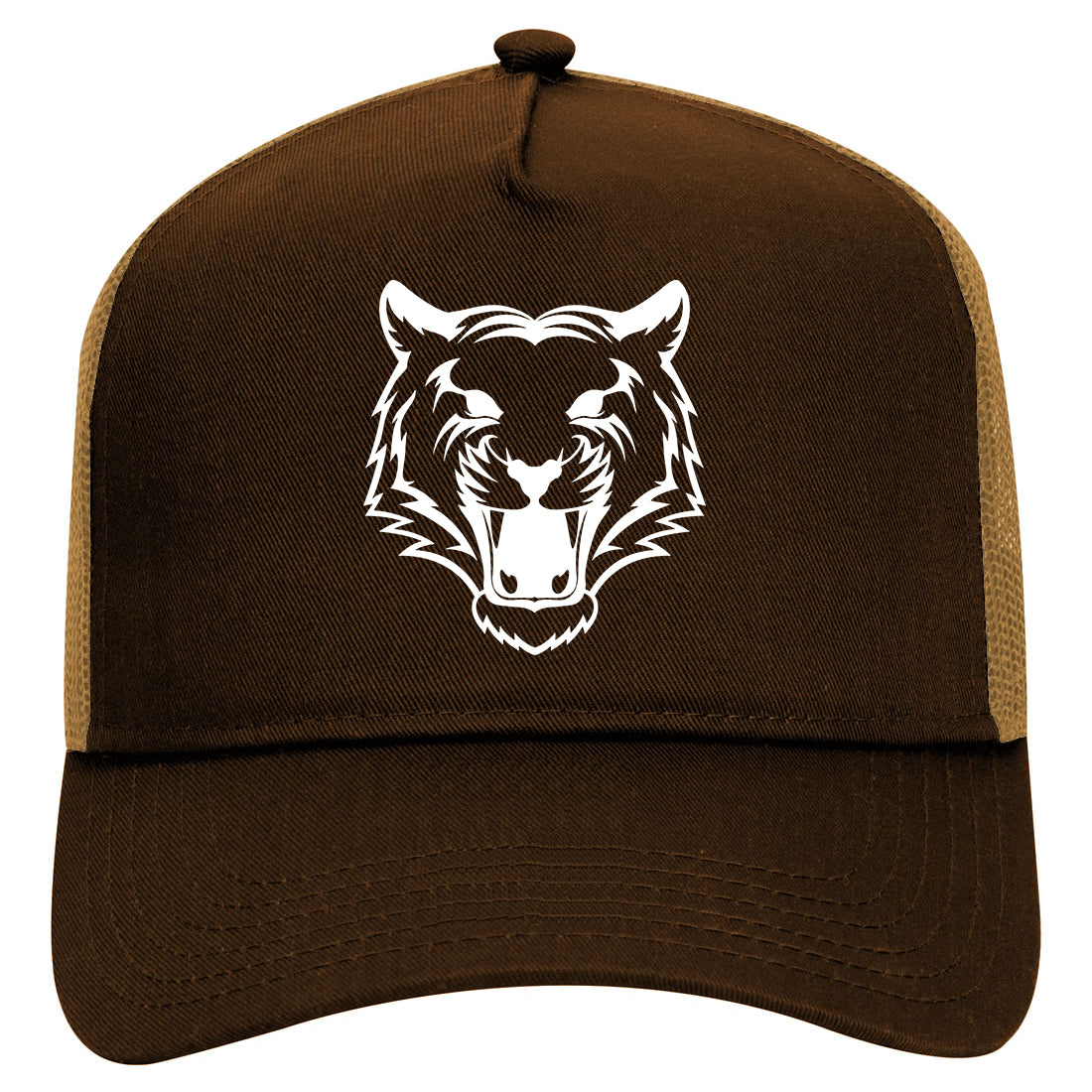 Tiger Face Outline Mens Mesh Trucker Hat Brown