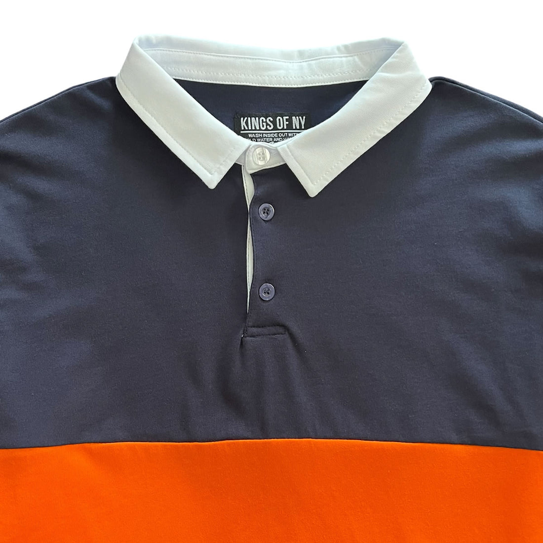 Navy Blue and Orange Striped Mens Long Sleeve Rugby Shirt