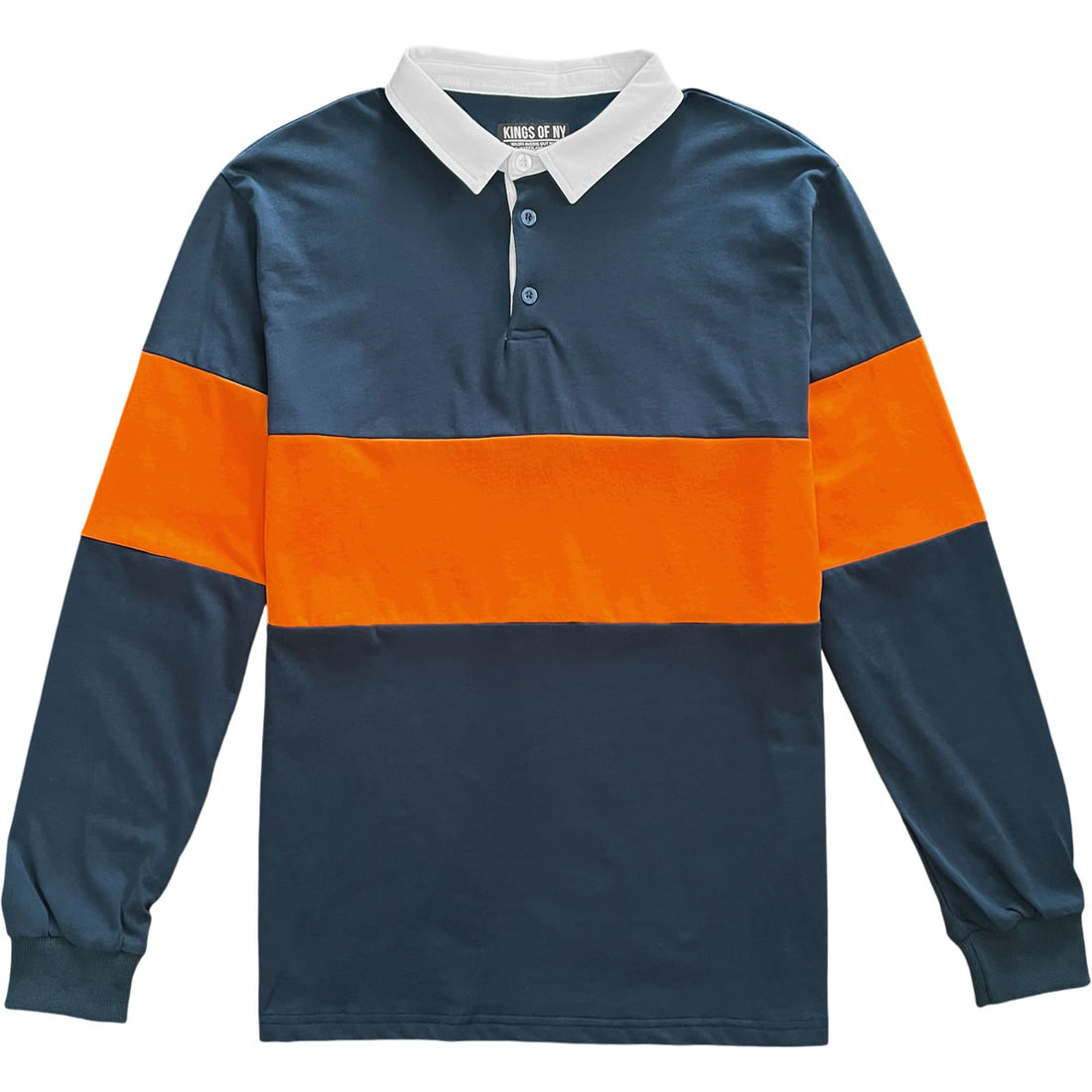 Navy Blue and Orange Striped Mens Long Sleeve Rugby Shirt