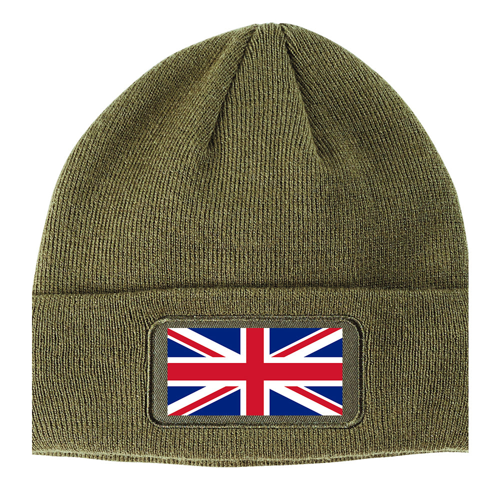 UK British Flag Winter Knit Adult Beanie Hat Olive Green