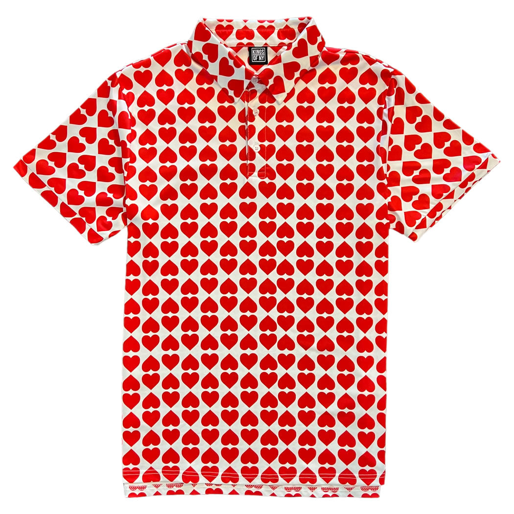 Valentines Day Red Heart Print Mens Golf Polo Shirt