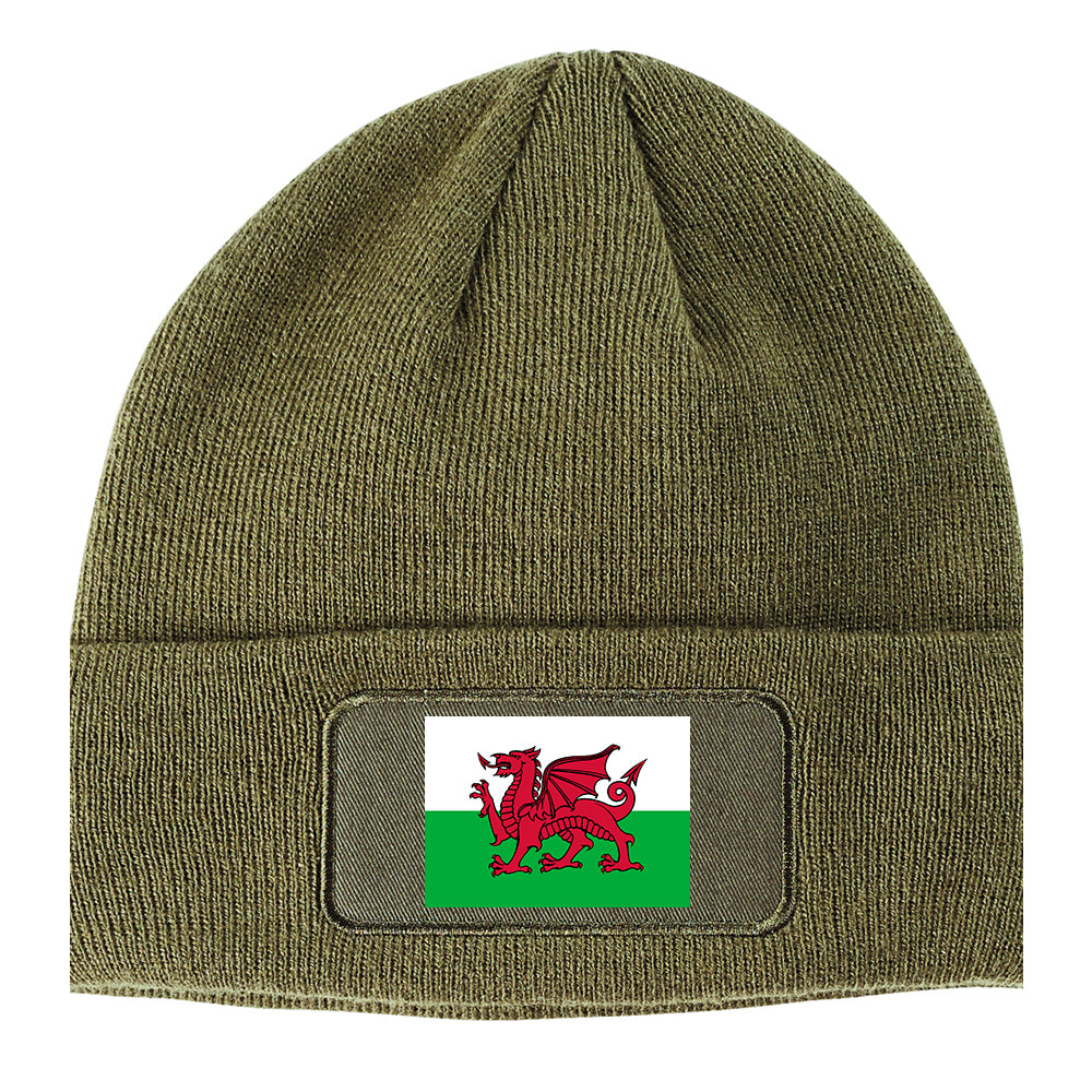 Wales Flag Country Winter Knit Adult Beanie Hat Olive Green