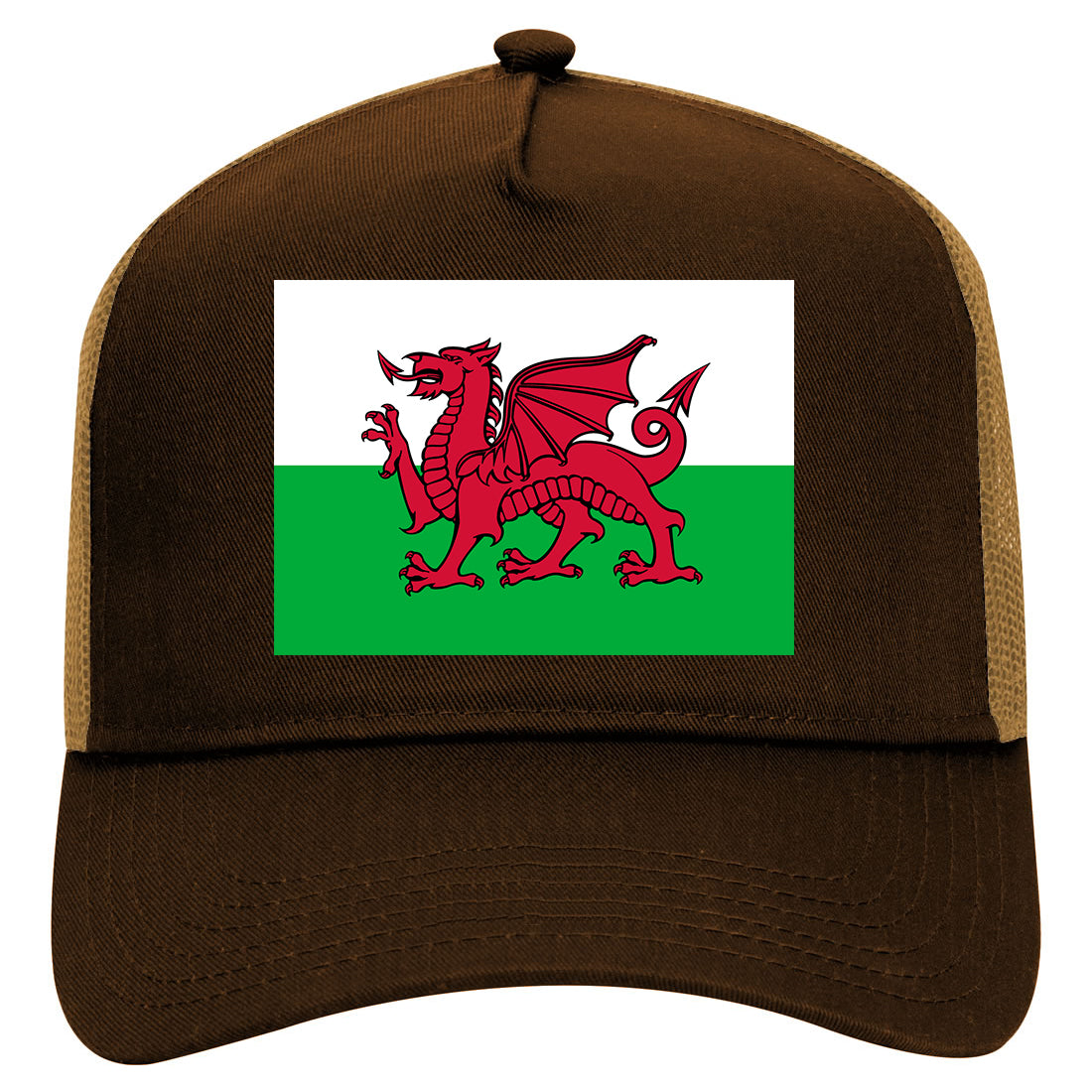 Wales Flag Country Mens Mesh Trucker Hat Brown