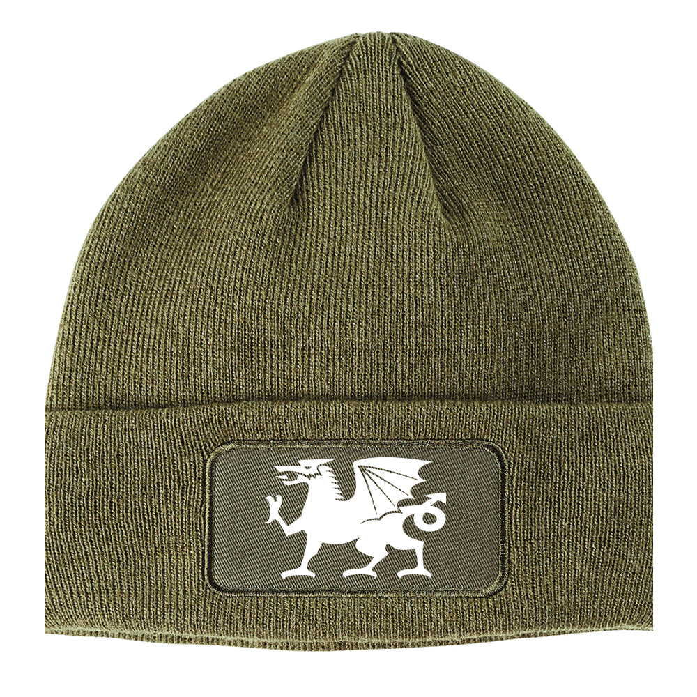 Wales Flag Dragon Symbol Winter Knit Adult Beanie Hat Olive Green