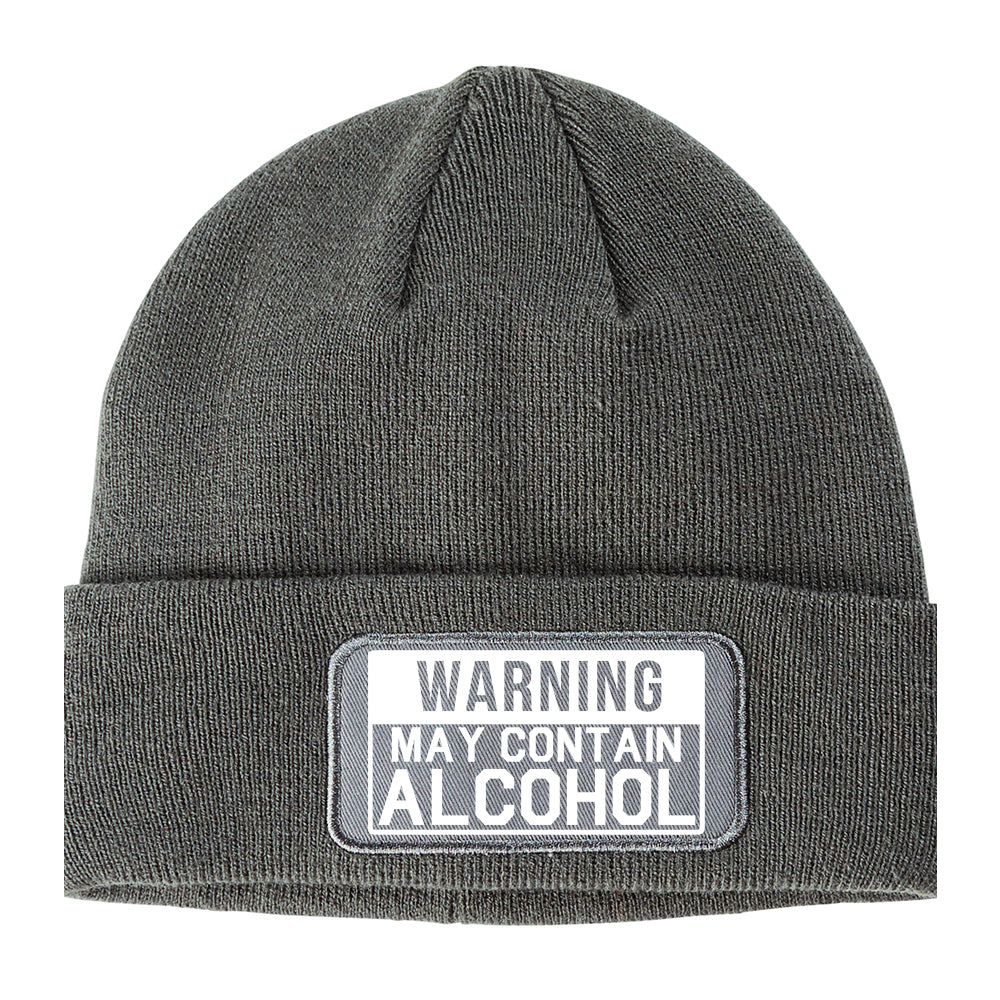 Warning May Contain Alcohol Winter Knit Adult Beanie Hat Grey