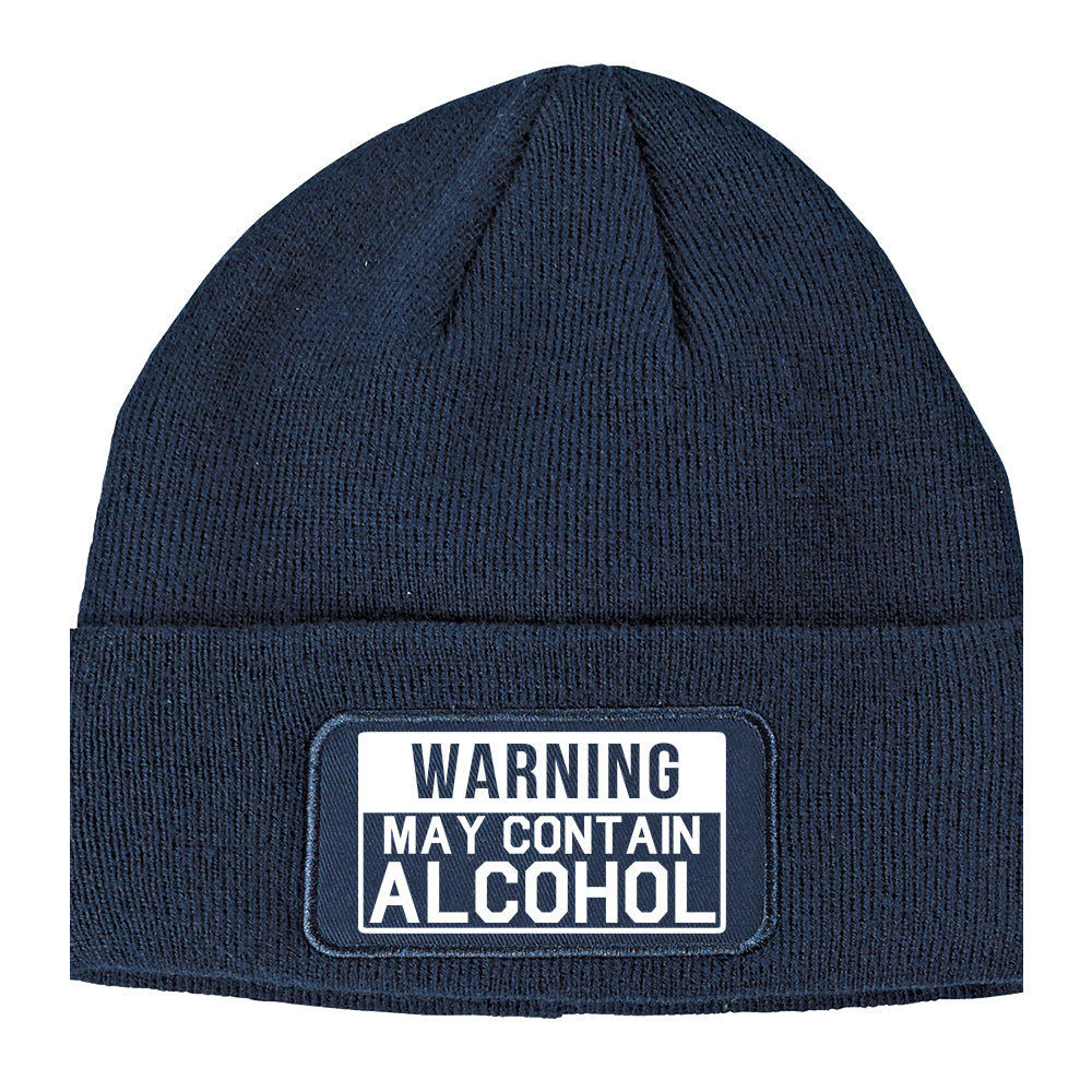 Warning May Contain Alcohol Winter Knit Adult Beanie Hat Navy Blue
