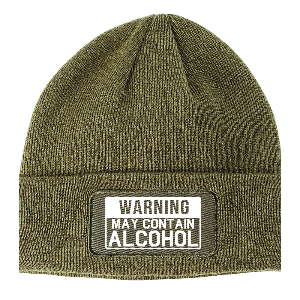 Warning May Contain Alcohol Winter Knit Adult Beanie Hat Olive Green