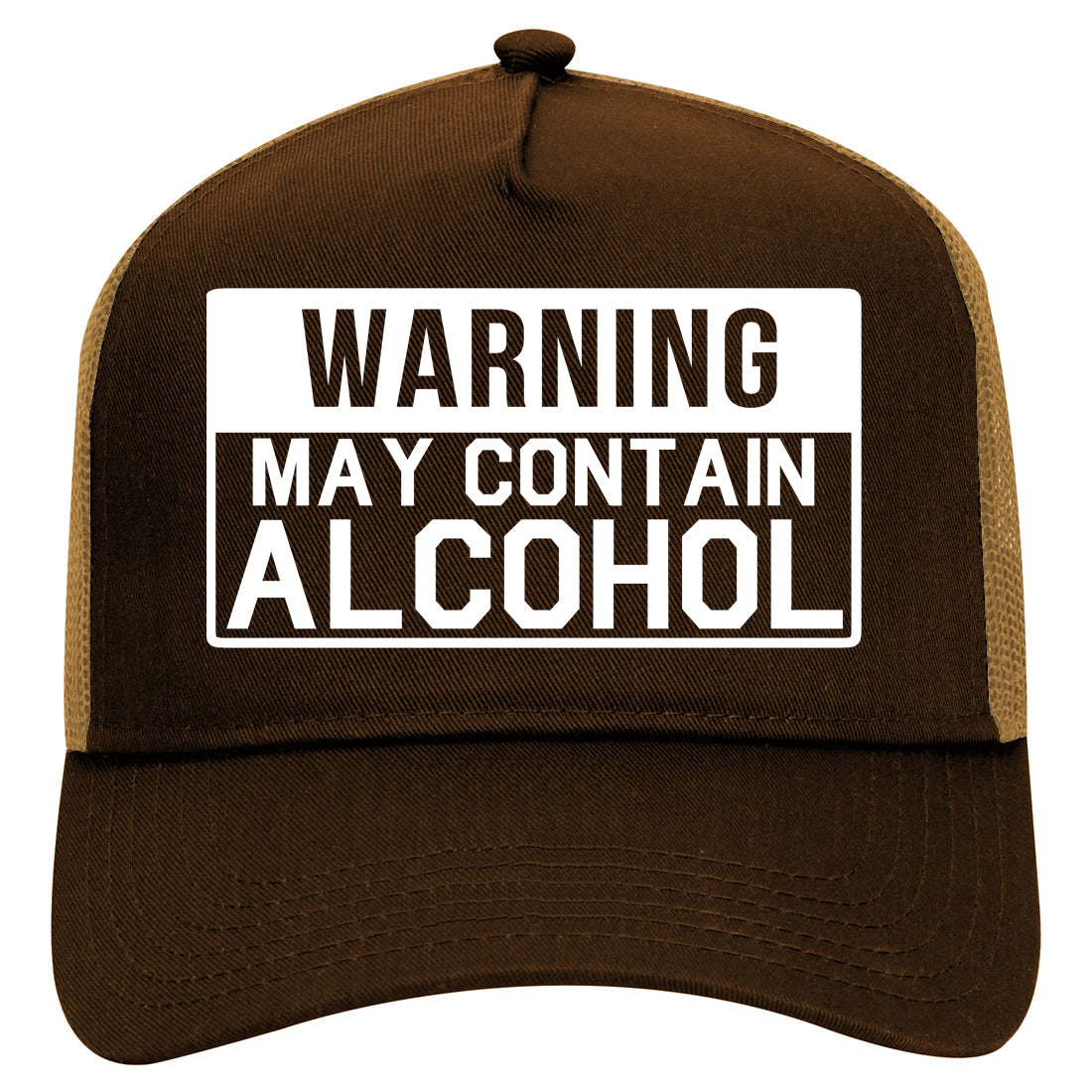 Warning May Contain Alcohol Mens Mesh Trucker Hat Brown
