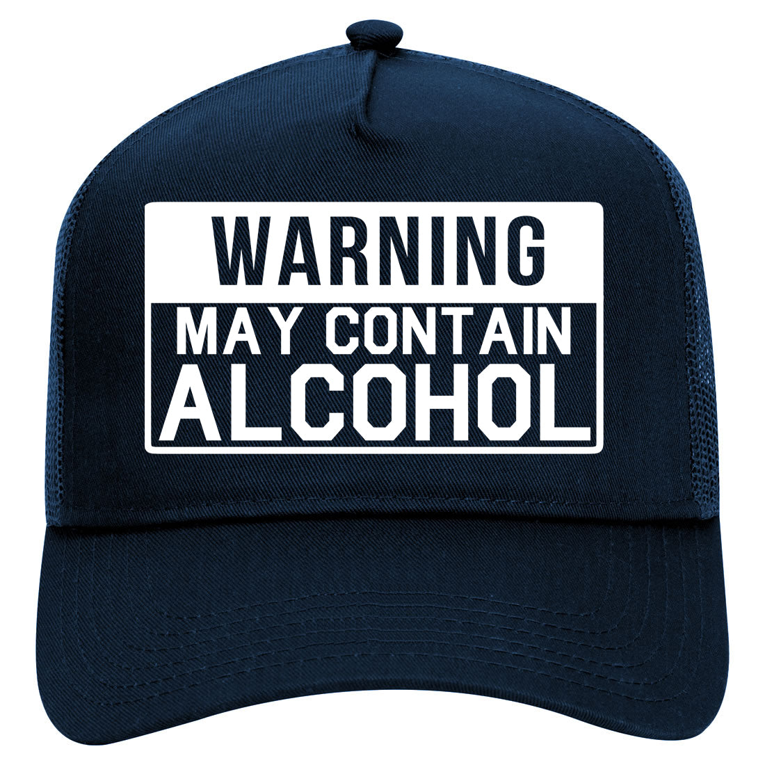 Warning May Contain Alcohol Mens Mesh Trucker Hat Navy Blue