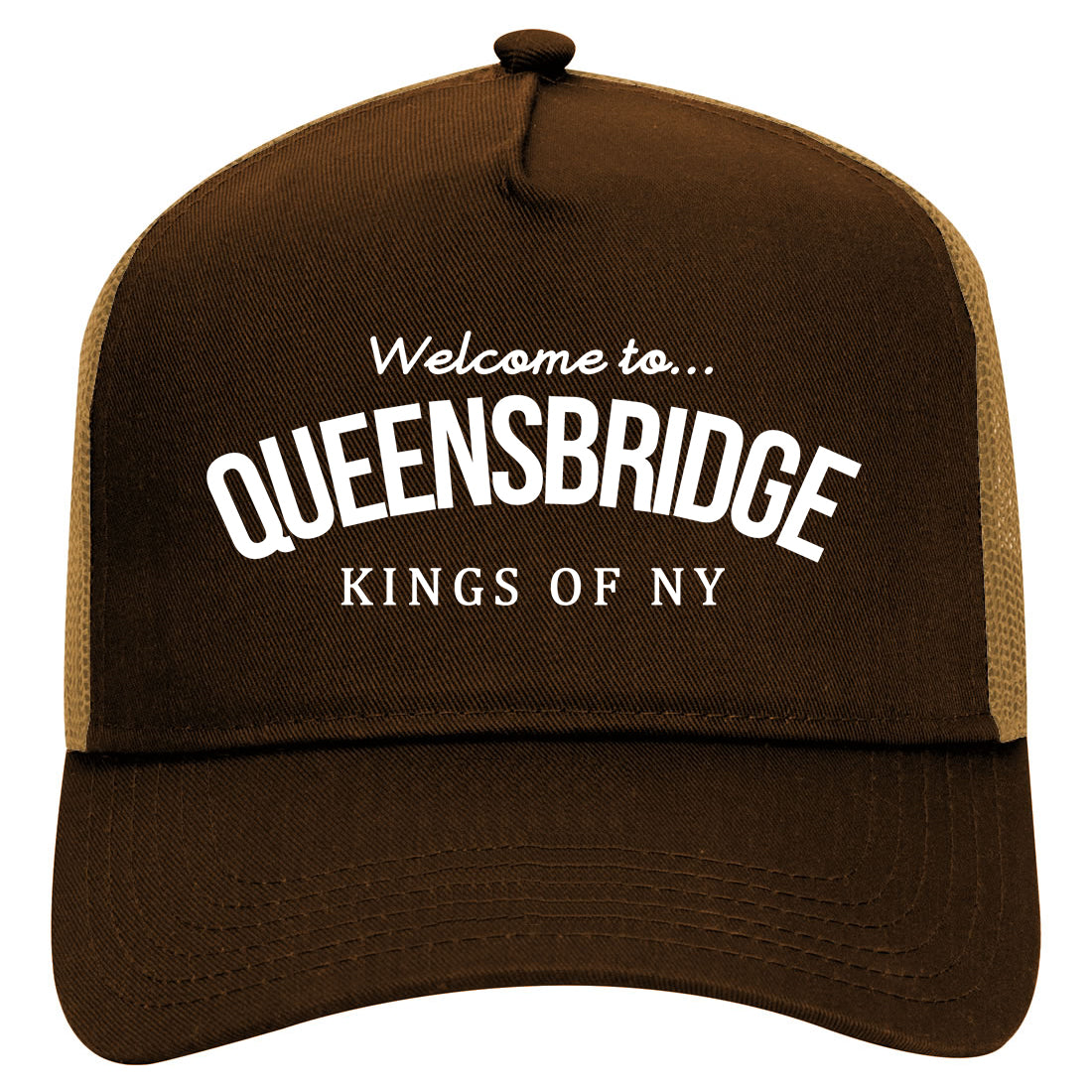Welcome To Queensbridge Mens Mesh Trucker Hat Brown