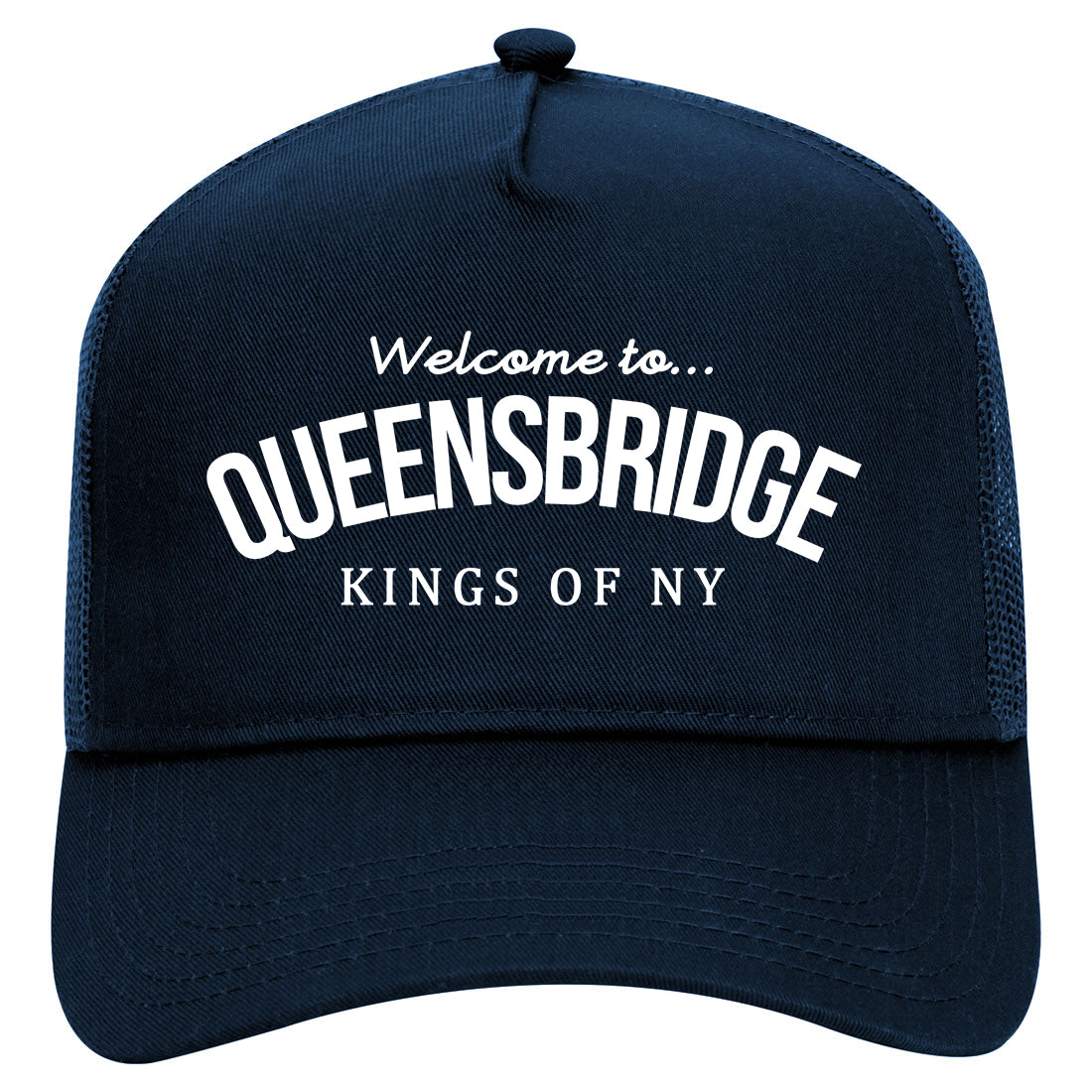 Welcome To Queensbridge Mens Mesh Trucker Hat Navy Blue