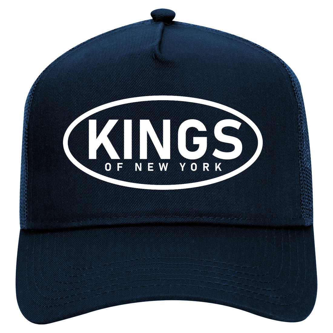 Wide Oval Logo Mens Mesh Trucker Hat Navy Blue