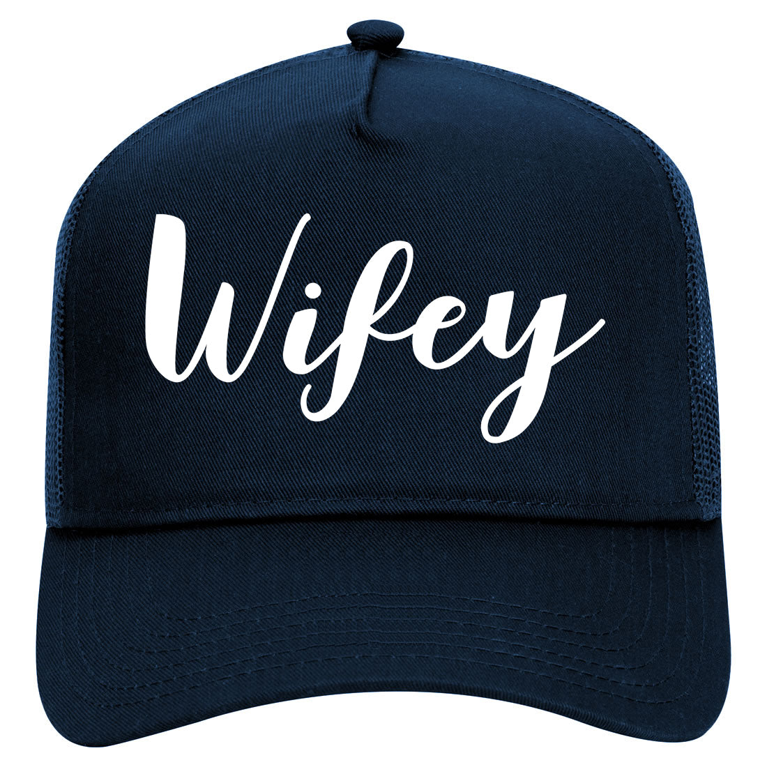 Wifey Script Mens Mesh Trucker Hat Navy Blue