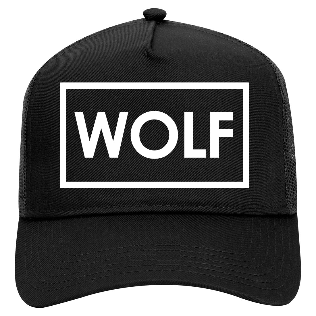 Wolf Box Logo Mens Mesh Trucker Hat Black