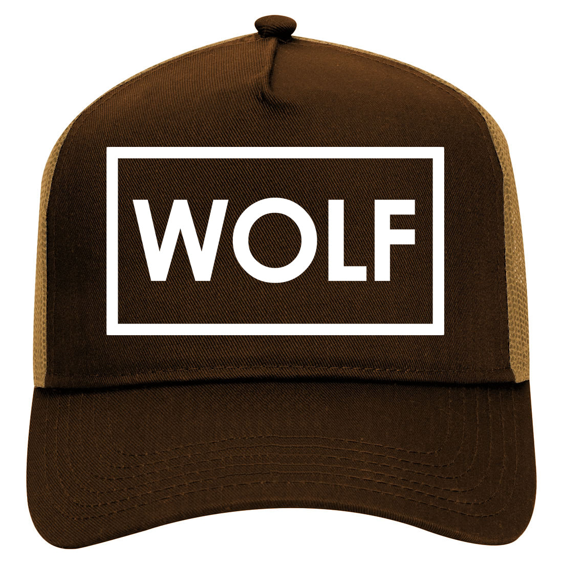 Wolf Box Logo Mens Mesh Trucker Hat Brown
